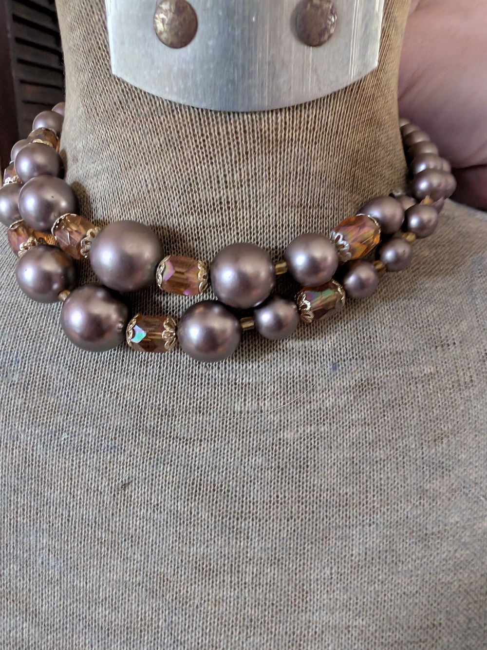 Vintage Double Strand Faux Pearl Choker Necklace with Faceted Beads